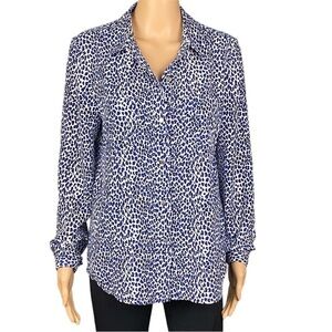 JUICY COUTURE blue, black & white leopard print, button-down blouse. Medium. EUC
